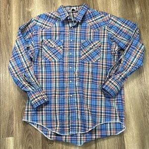Vintage Men's Size L Western Pearl Snap Long‎ Sleeve by Dale's USA Blue Plaid